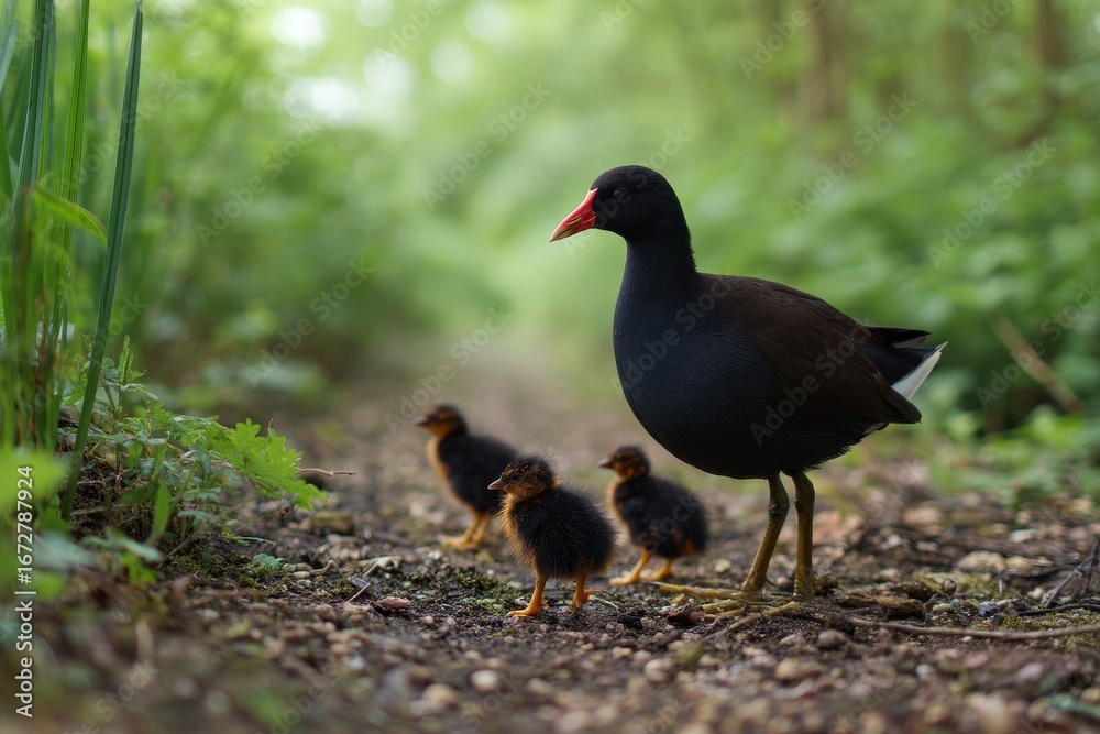 Dark moorhen with nestlings Dark moorhen with nestlings