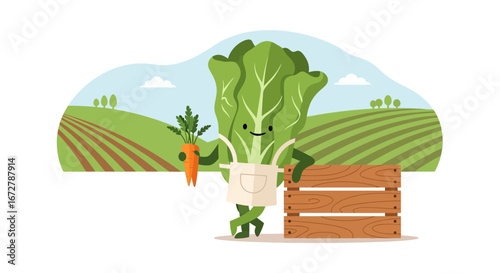 Cheerful Vegetable Character With Carrot And Wooden Crate Depicted In Vibrant Illustration