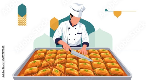 Chef In Uniform Slicing Baklava Dessert Display For Culinary Delights And Celebrations