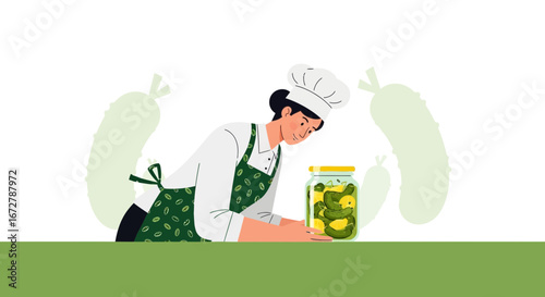 Chef Inspecting Jar Of Pickles, Creating Culinary Delights With Home Grown Ingredients