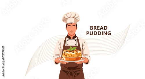 Chef Offering Delicious Bread Pudding With Wave Pattern Background Design