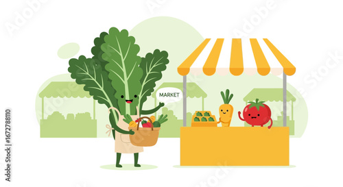 Cheerful Vegetable Market Illustration Showcasing Fresh Produce and Cartoon Characters in a