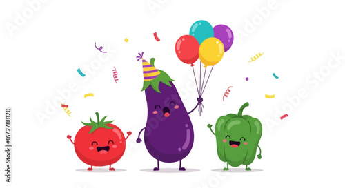Cheerful Vegetable Party Celebrates With Balloons And Festive Confetti Characters Design