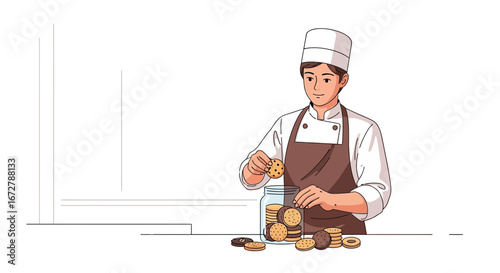 Chef Placing Cookies Into a Jar, A Delicacy Prepared, Baked, and Enjoyed