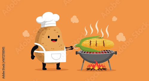 Chef Potato Grilling Corn on the Cob on a Barbecue, Delightful Food Cartoon Image