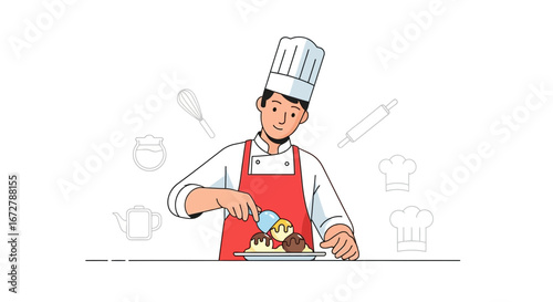 Chef Placing Ice Cream Scoops On Dessert Plate Isolated On White Background
