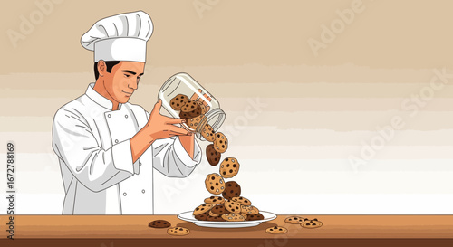 Chef Pouring Cookies From Jar Onto Plate, Illustrating Culinary Baking Preparation Process