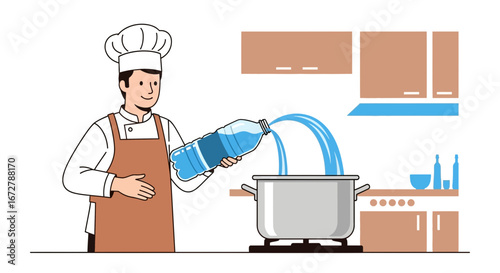 Chef Pouring Water From a Bottle Into a Pot During Culinary Food Preparation