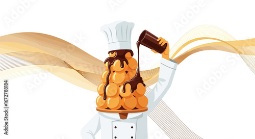 Chef Pours Ganache Over Delightful Croquembouche, Creating A Sweet, Appetizing Spectacle