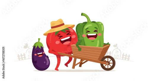 Cheerful Vegetables Enjoying Fun Ride Together in Garden, Representing Healthy Living
