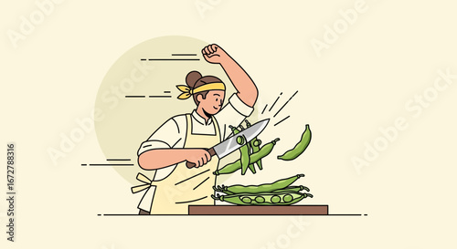Chef Prepares Fresh Beans, Culinary Delight, A Vegetable Cutting Action In Action