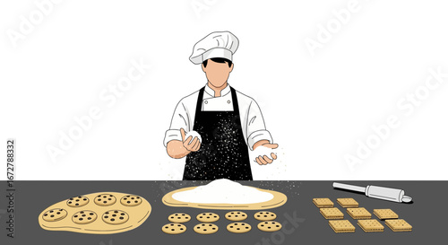 Chef Prepares Fresh Cookies And Pastries For Baking With Fresh Ingredients In Kitchen