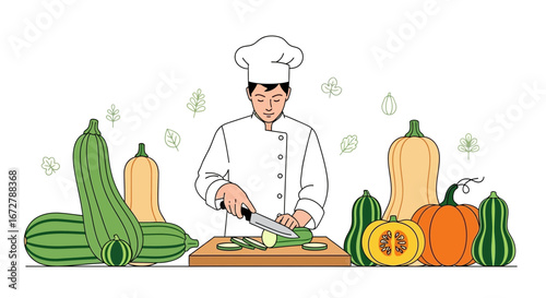Chef Prepares Fresh Vegetables For Culinary Creations Using Knife and Cutting Board