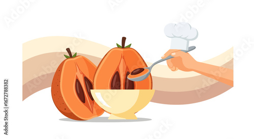 Chef Prepares Medlar Dish: Artistic Food Illustration for Culinary Themes and Uses