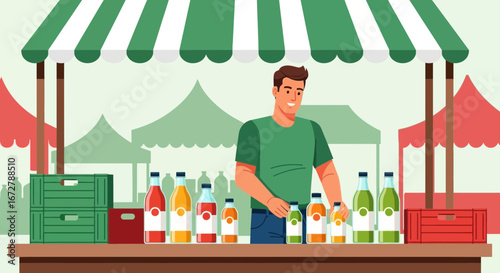 Cheerful Vendor Showcasing Beverages At A Festive Market Stand For Customers