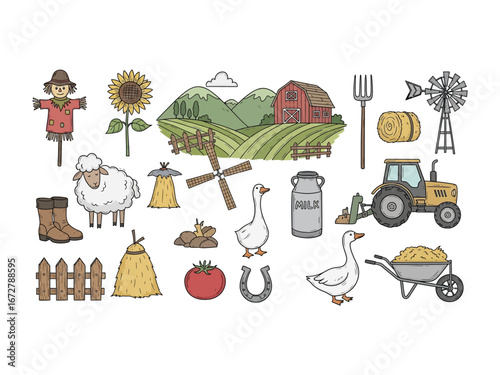 Farmyard Assortment: An idyllic farm scene, featuring a vibrant collection of hand-drawn farm elements. Including various agricultural tools, equipment, and livestock.