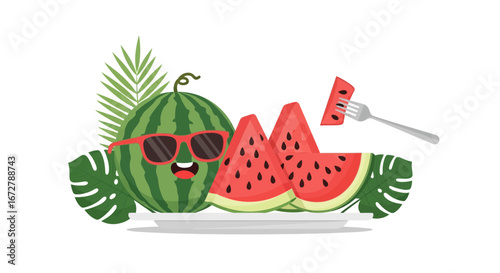 Cheerful Watermelon with Sunglasses and Slices on a Plate, Fun Food Illustration