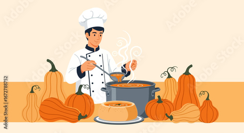 Chef Preparing Creamy Pumpkin Soup With Fresh Pumpkins And Culinary Tools