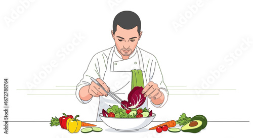 Chef Preparing Creative Salad With Fresh Ingredients For Nutritional Deliciousness