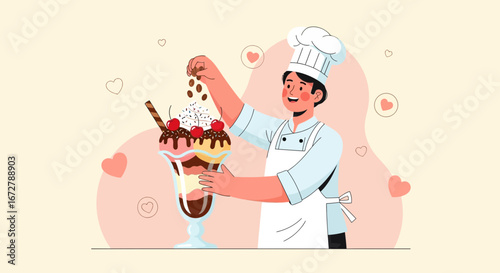 Chef Preparing Delicious Dessert Sundae With Cherries and Chocolate Sprinkles Presentation