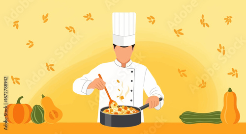 Chef Preparing Delicious Meal With Vegetables in an Elegant Autumnal Illustration
