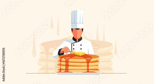 Chef Preparing Delicious Pancakes With Syrup And Butter For Delightful Dining Or Treat
