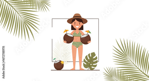 Cheerful Woman Enjoying Tropical Refreshments During Summer Vacation Getaway