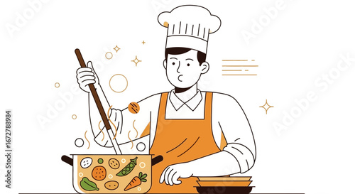 Chef Preparing Delicious Stew, Showing Healthy Eating Illustration And Modern Design