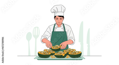 Chef Preparing Delicious Stuffed Squash, Culinary Artistry, Gourmet Dish on Display