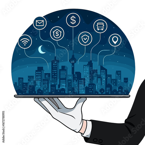 A waiter’s hand grips an empty digital tablet showcasing a smart city with services and icons, IoT, networks, and augmented reality, set against a nighttime backdrop