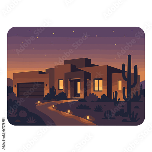 At dusk, LED lights illuminate the driveway of a high-end Arizona residence