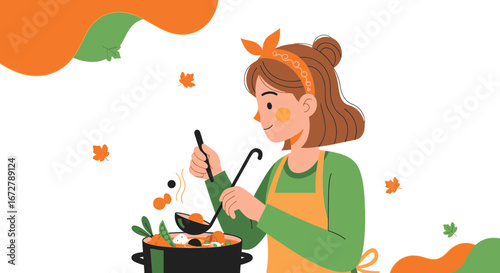 Cheerful Woman Preparing Food, Autumnal Cooking, And Serving Delicious Stew On A Warm Day
