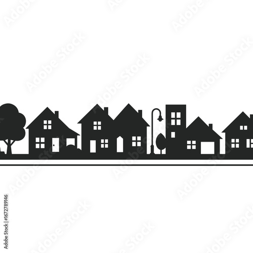 A suburban street silhouette featuring compact city homes and residences