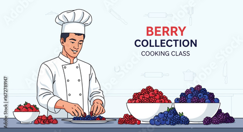 Chef Preparing Fresh Berries for Cooking Class, Offering a Berry Collection Demonstration