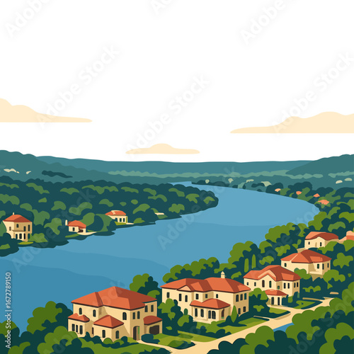 Luxury waterfront properties border the Colorado River near Austin, Texas, starting at Mount Bonnell