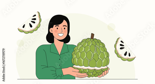 Cheerful Woman Presenting Freshly Cut Custard Apple Fruit With Slices Around