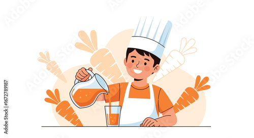 Chef Preparing Fresh Carrot Juice with Smiling Expression and Delightful Presentation