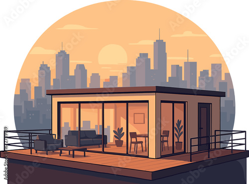 Concept of prefab homes: a modern rooftop apartment overlooking the city at sunset