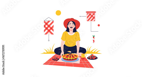 Cheerful Woman with Pie Enjoying Picnic During a Sunny Day Happiness and Joy