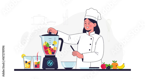 Chef Preparing Fresh Fruit Smoothie, Healthy Eating, And Beverage Production, Vibrant Colors