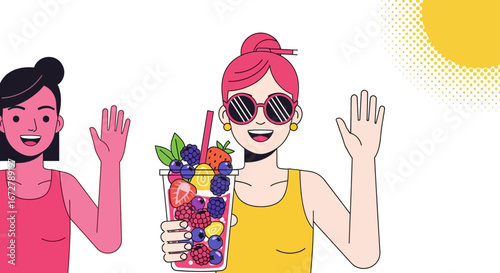 Cheerful Women Celebrate Summer With Refreshing Fruit Drink And Sunny Vibes