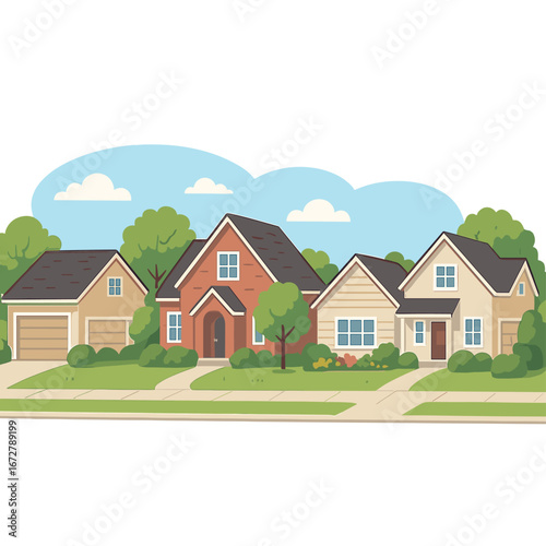 A perfect neighborhood of luxury homes in a North American suburb during summer, surrounded by beautiful landscapes