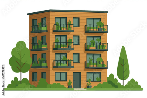 A contemporary apartment complex featuring a wooden exterior, balconies, and urban greenery, embodying principles of sustainability and community
