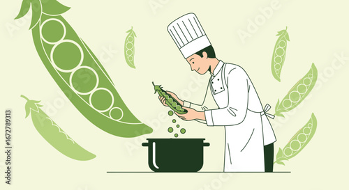 Chef Preparing Fresh Peas In a Minimalist Style Kitchen, Ready to Cook Delicious Meal