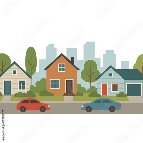 A drawn depiction of a suburban neighborhood featuring houses, trees, cars, and buildings