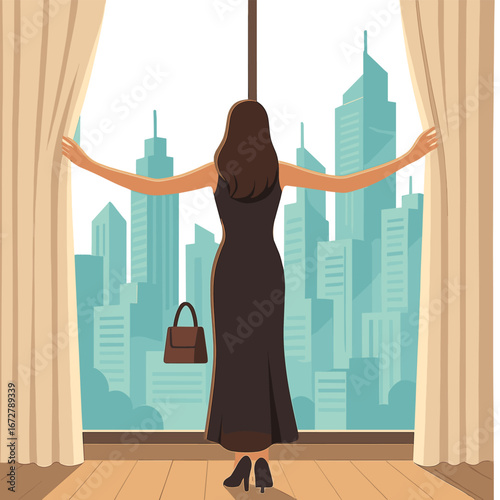 From the rear, a wealthy woman stands by a full-length window in a luxurious modern apartment or hotel room, opening the curtains in the morning to enjoy sunlight and the view of city skyscrapers