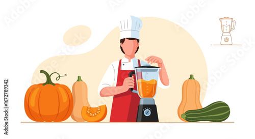 Chef Preparing Fresh Pumpkin Smoothie With Blender Using Vibrant Farm Vegetables