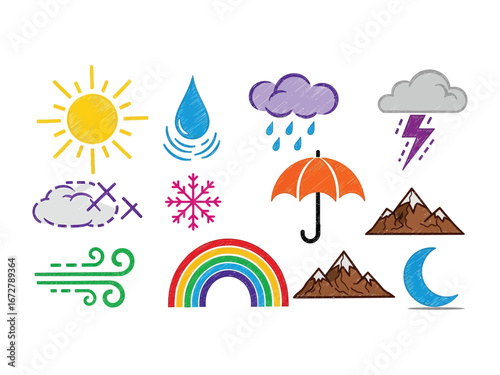 Weather Icons: A colorful and diverse collection of weather icons, each meticulously illustrated to represent different climatic conditions and atmospheric elements.