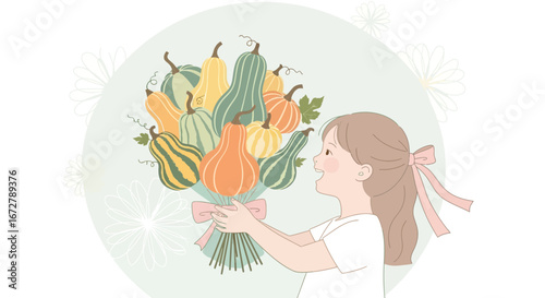 Cheerful Young Girl Presents a Festive Bouquet of Gourds for the Autumn Season