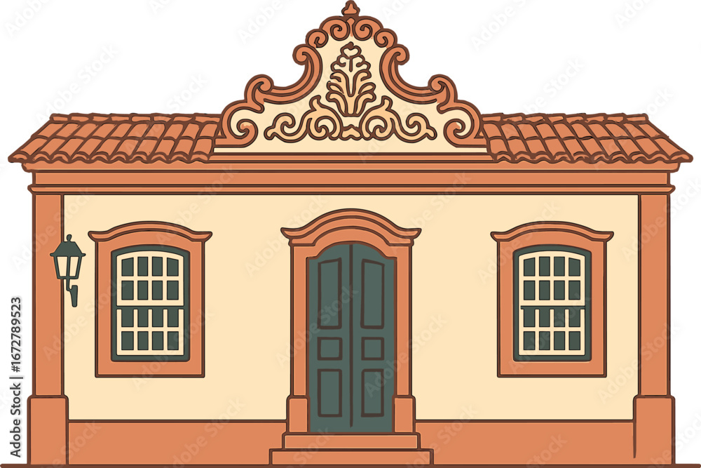 Fachada de uma bela casa em estilo barroco colonial na cidade de Goiás, cidade histórica do Brasil